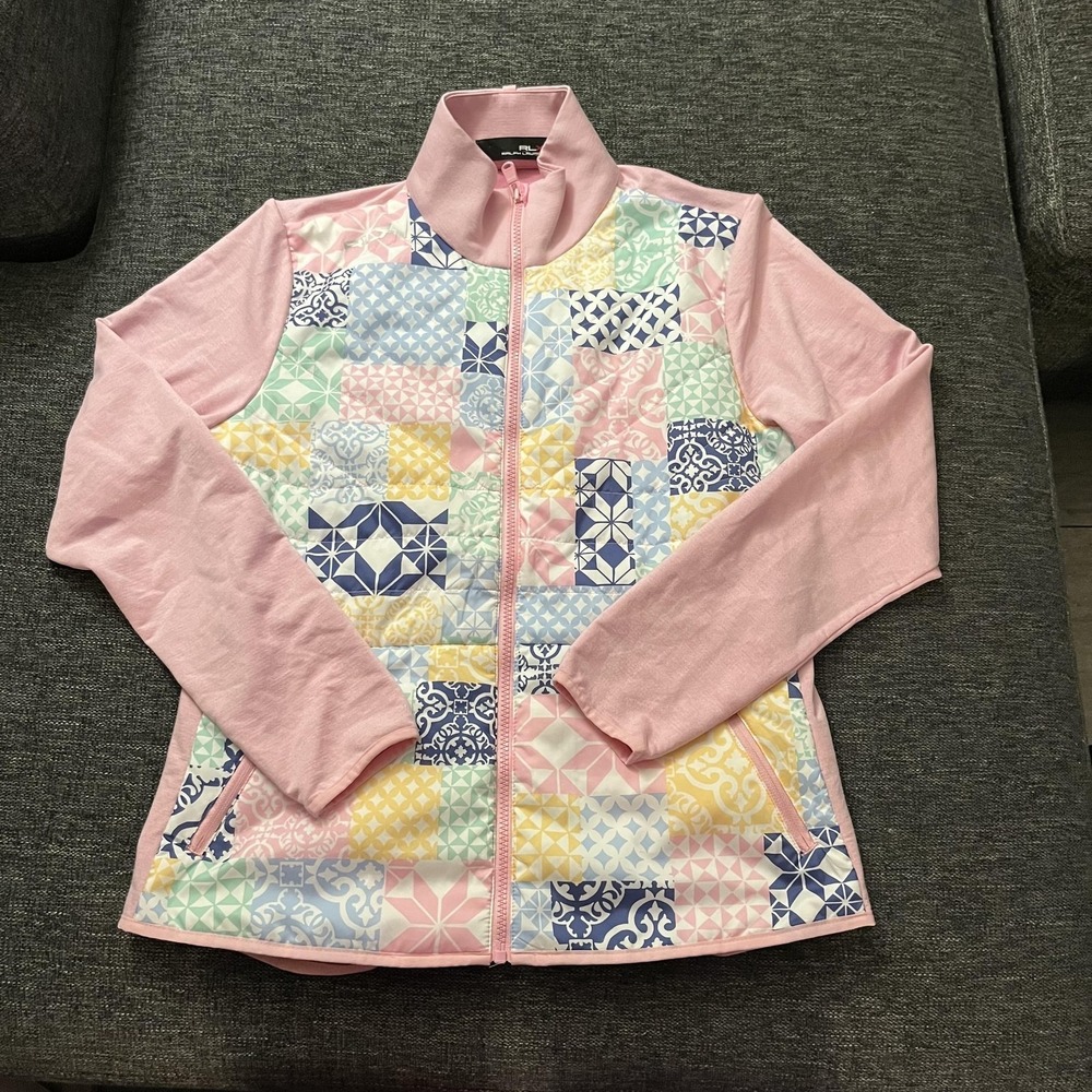 RLX Ralph Lauren Jacket Womens Medium Pink Patchwork Golf Track Knit Full Zip